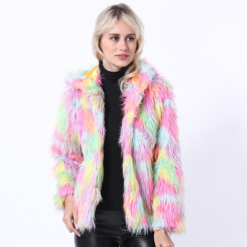 Street-wave Fluffy Faux Fur Jacket For Women With Vibrant Rainbow Colors And Cozy Comfort