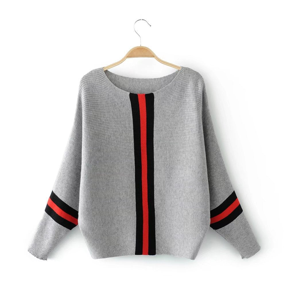 Street-wave Womens Casual Knit Sweater With Sporty Stripe Pattern Cozy Everyday Pullover