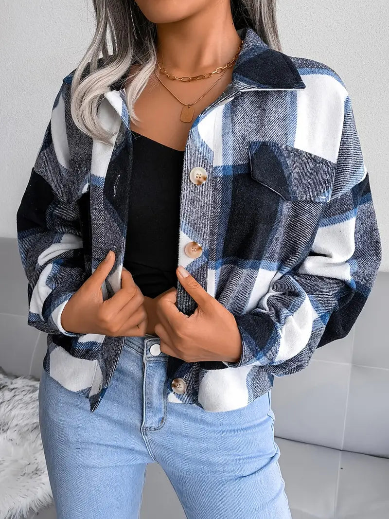 Street Wave Plaid Flannel Jacket For Women Short Cut Cozy Warm Khaki Everyday Chic
