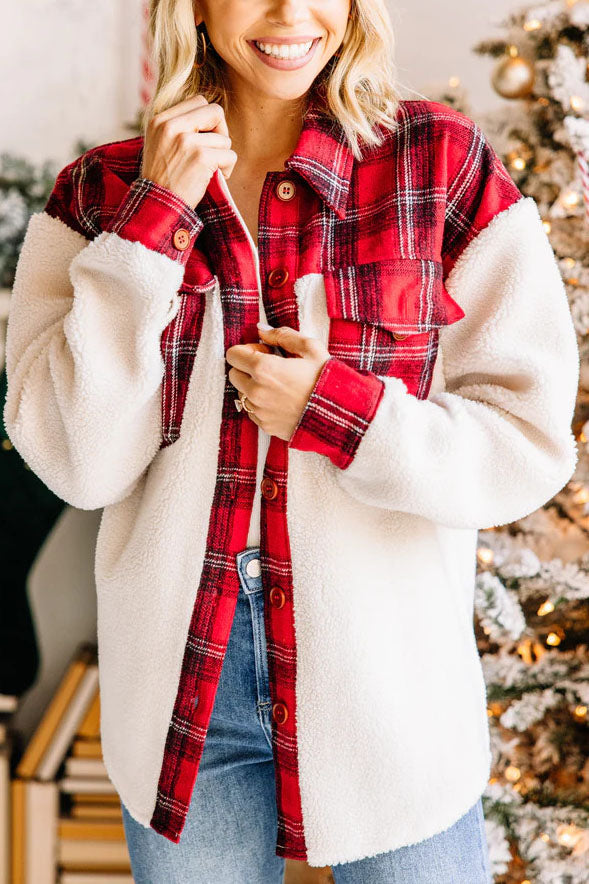 Street Wave Plush Patchwork Plaid Jacket For Women Cozy Warm Patch Pockets Button Front