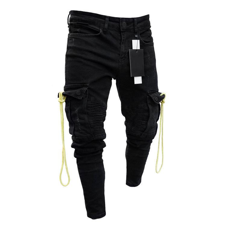Street-wave Mens Cargo Jeans With Practical Side Zipper And Stylish Stitching In Durable Denim