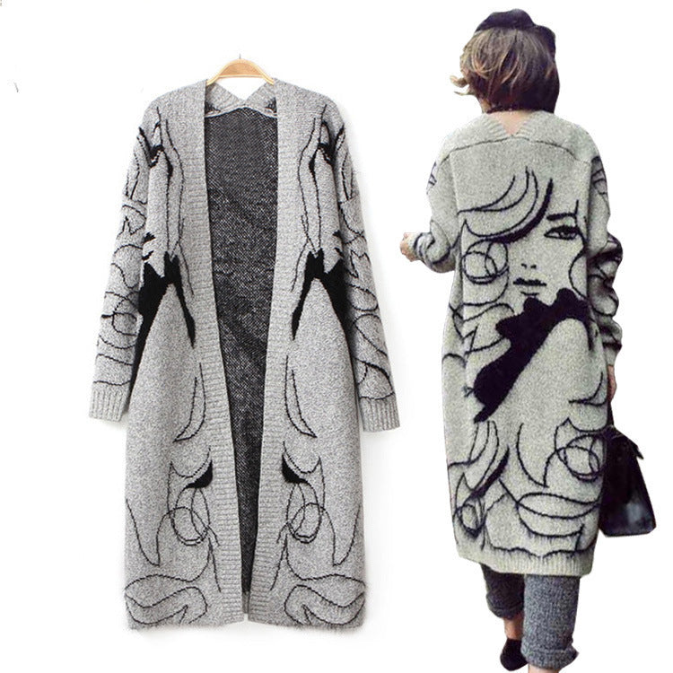 Streetwave Womens Art Knit Coat Open Front With Abstract Motif For Everyday Elegance And Cozy Comfort