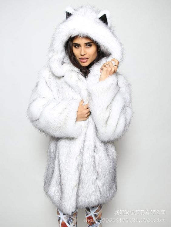 Street Wave Women Cozy Faux Fur Coat With Hood And Ears For Winter Warmth And Plush Comfort