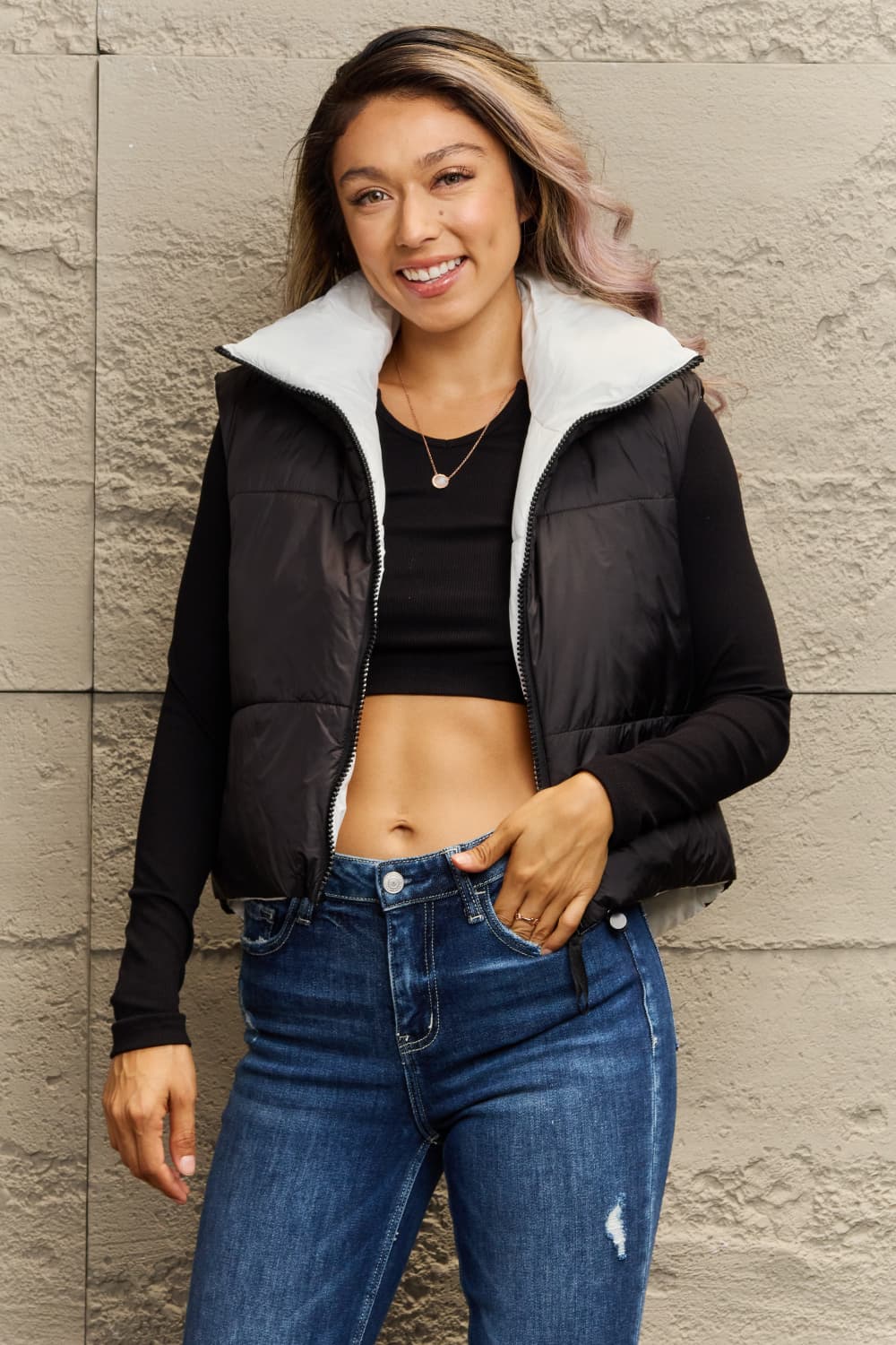 Street-wave Zip Up Drawstring Puffer Vest For Women Insulated Stand Collar Sleeveless Jacket