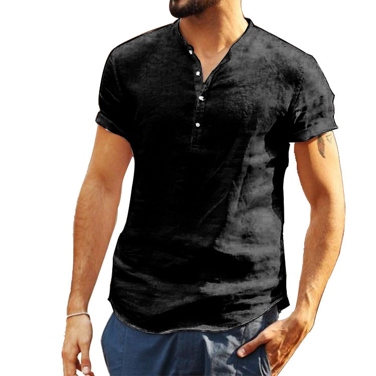 Street-Wave Mens Short Sleeve Henley Shirt In Breathable Cotton With Modern Stand Collar