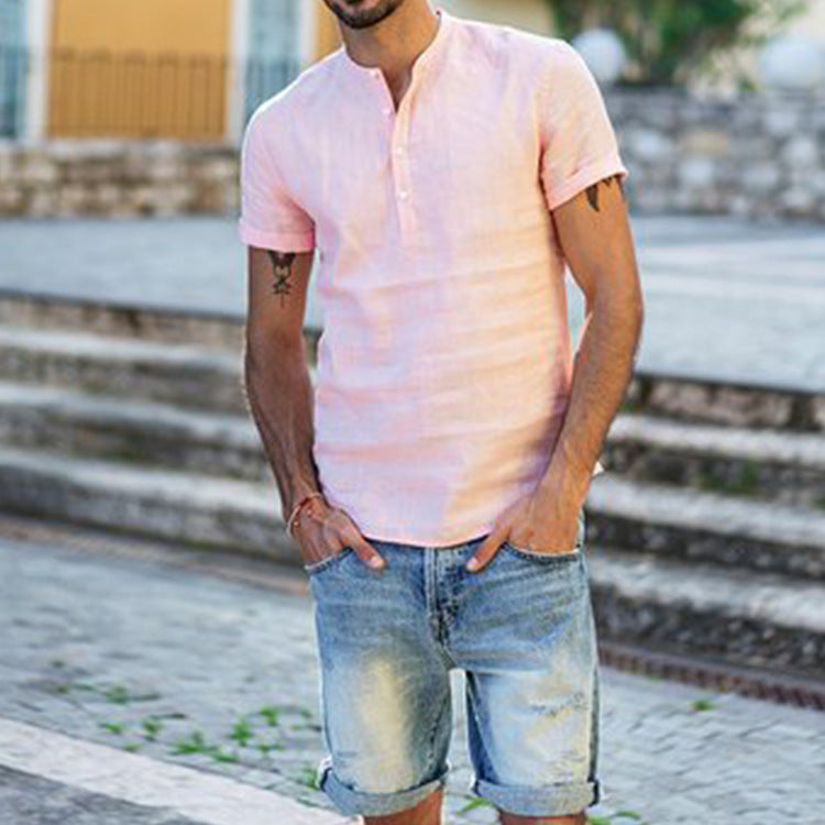 Street-Wave Mens Short Sleeve Henley Shirt In Breathable Cotton With Modern Stand Collar