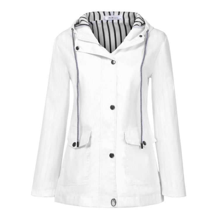 Street-Wave Women's Red Rain Jacket With Striped Lined Hood Waterproof Shell Adjustable Drawstrings Durable Pockets