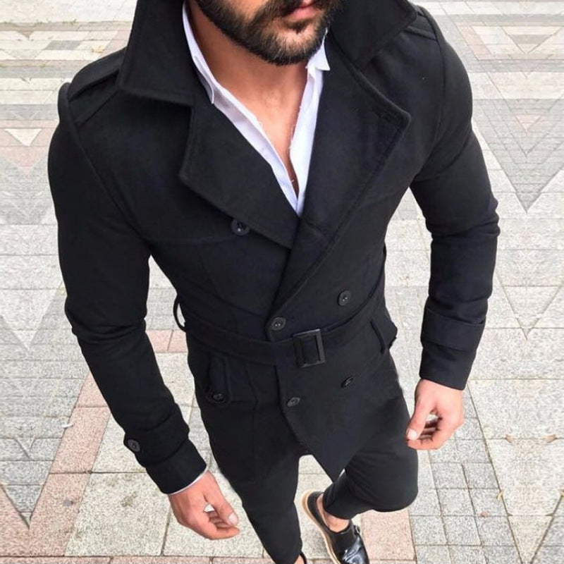 Street-wave Men's Designer Tailored Coat With Belt Double-Breasted Wool-Blend Outerwear