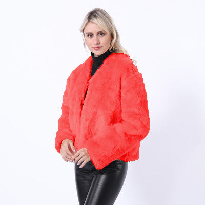 Street Wave Short Pink Faux Fur Jacket For Women With Modern Cut And Wide Sleeves Cozy Warmth
