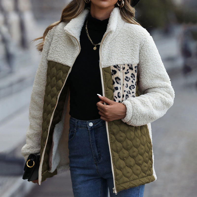 Street-wave Patchwork Plush Coat Leopard Pocket Warm Quilted Sherpa For Women Cozy All-Season Outerwear
