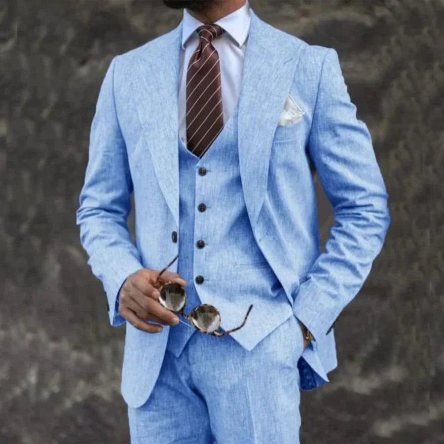 Carson Mens Three Piece Linen Blend Suit Street Wave Lightweight For Weddings
