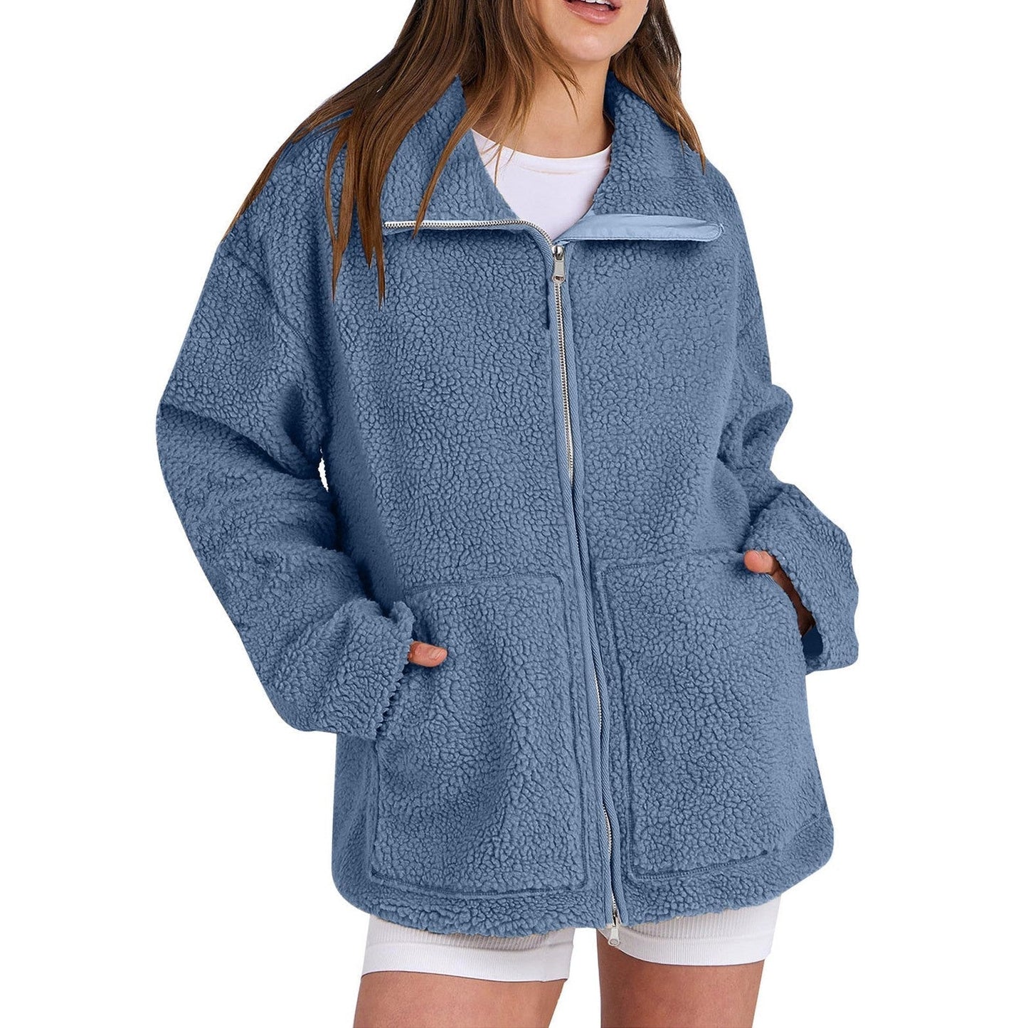 Street-wave Lambswool Coat For Women With High Collar And Cozy Teddy Texture And Warmth
