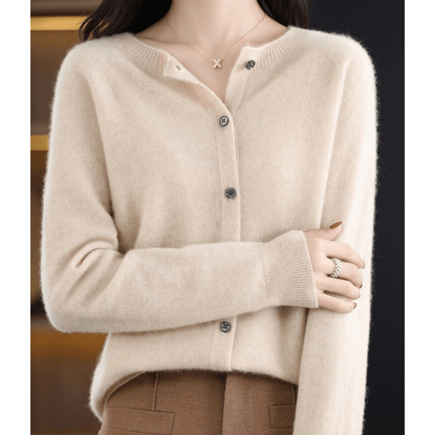 Street-Wave Womens Fine Knit Cardigan Crew Neck Soft CashmereFeel Merino Wool Blend Cozy Warm Essential