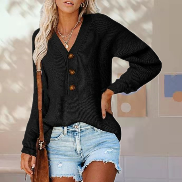 Street-Wave Button-Front V-Neck Knit Sweater for Women, Cozy Autumn Layering Essential, Button Details