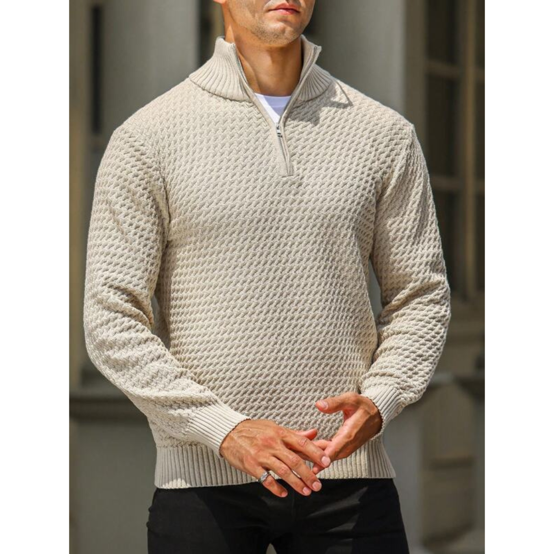 Men's Half Zip Sweater With Textured Knit, Tailored Fit, Ribbed Edges For Polished Comfort