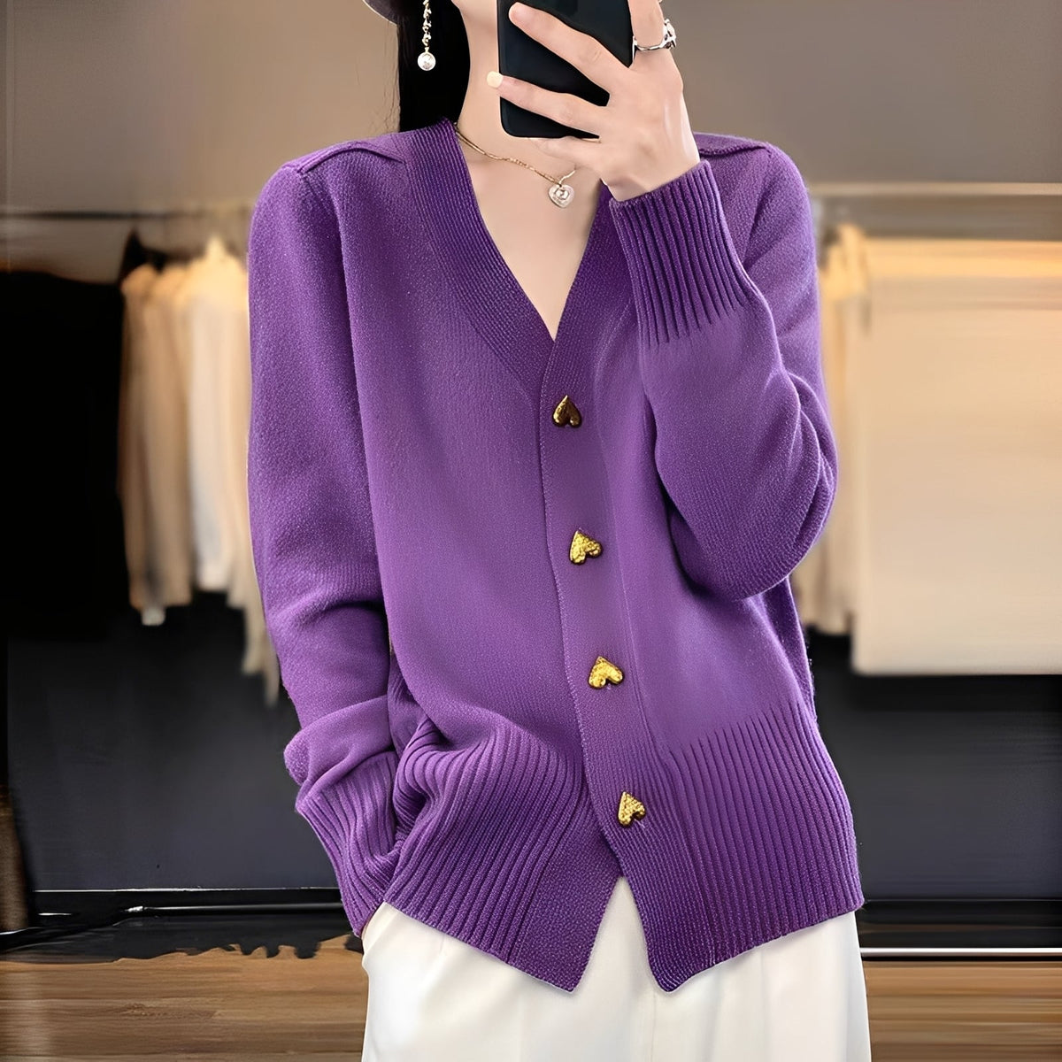 Street Wave Cardigan For Women With Heart Button Details Soft Breathable Knit Everyday Elegance
