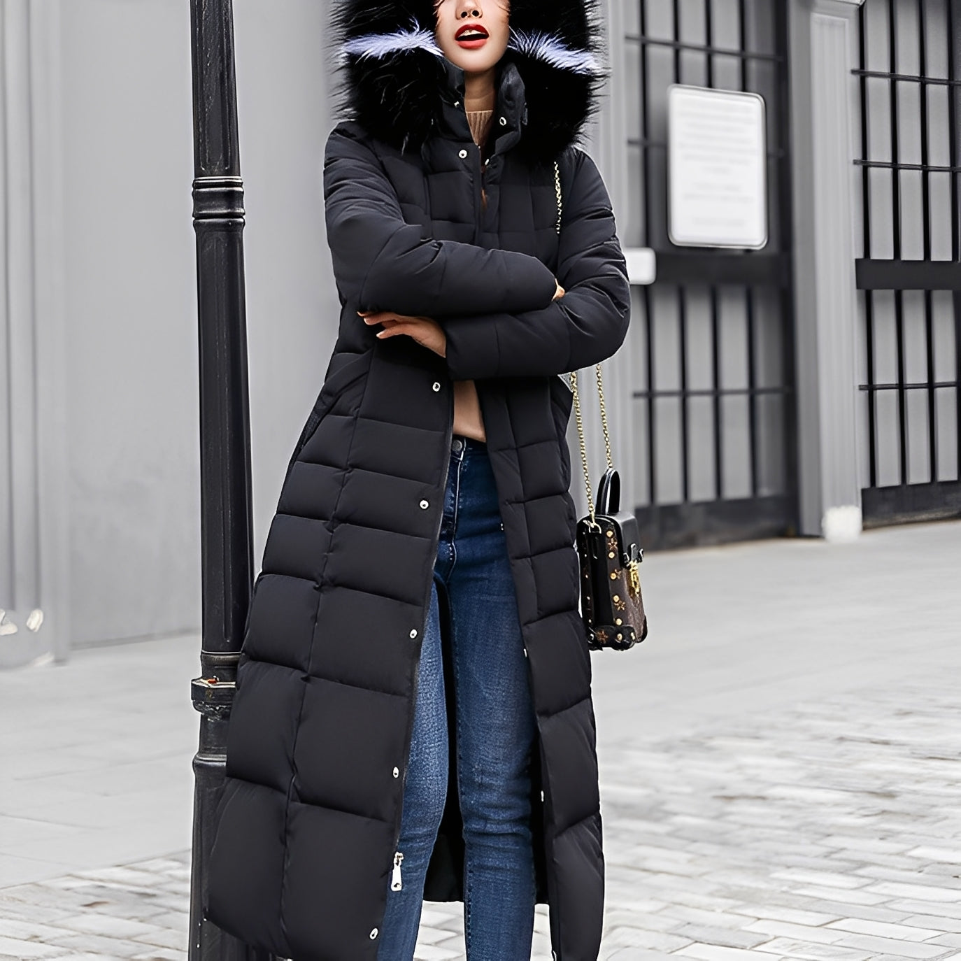 Street-Wave Womens Puffer Coat With Faux Fur Hood Ultra Warm Long Winter Outerwear For Cold Weather