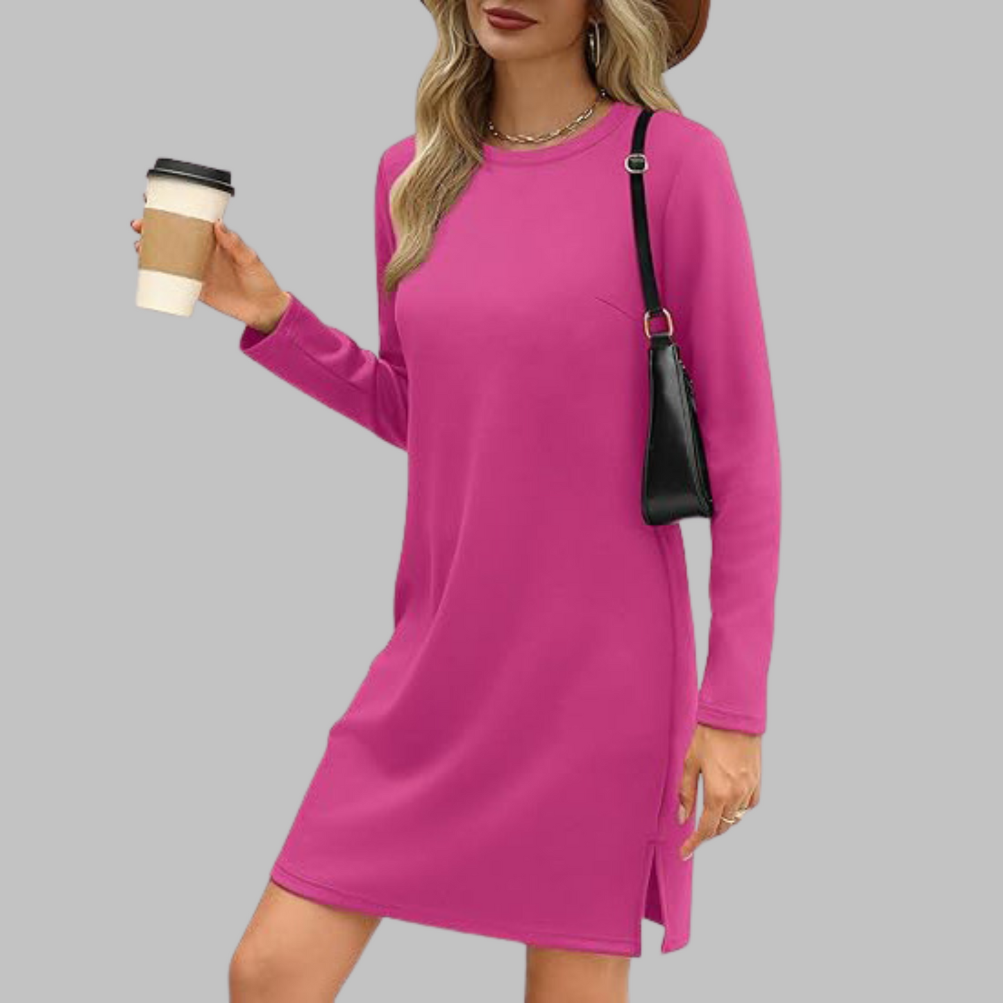 Women's Long Sleeve Round Neck Dress with Relaxed Fit and Versatile Style
