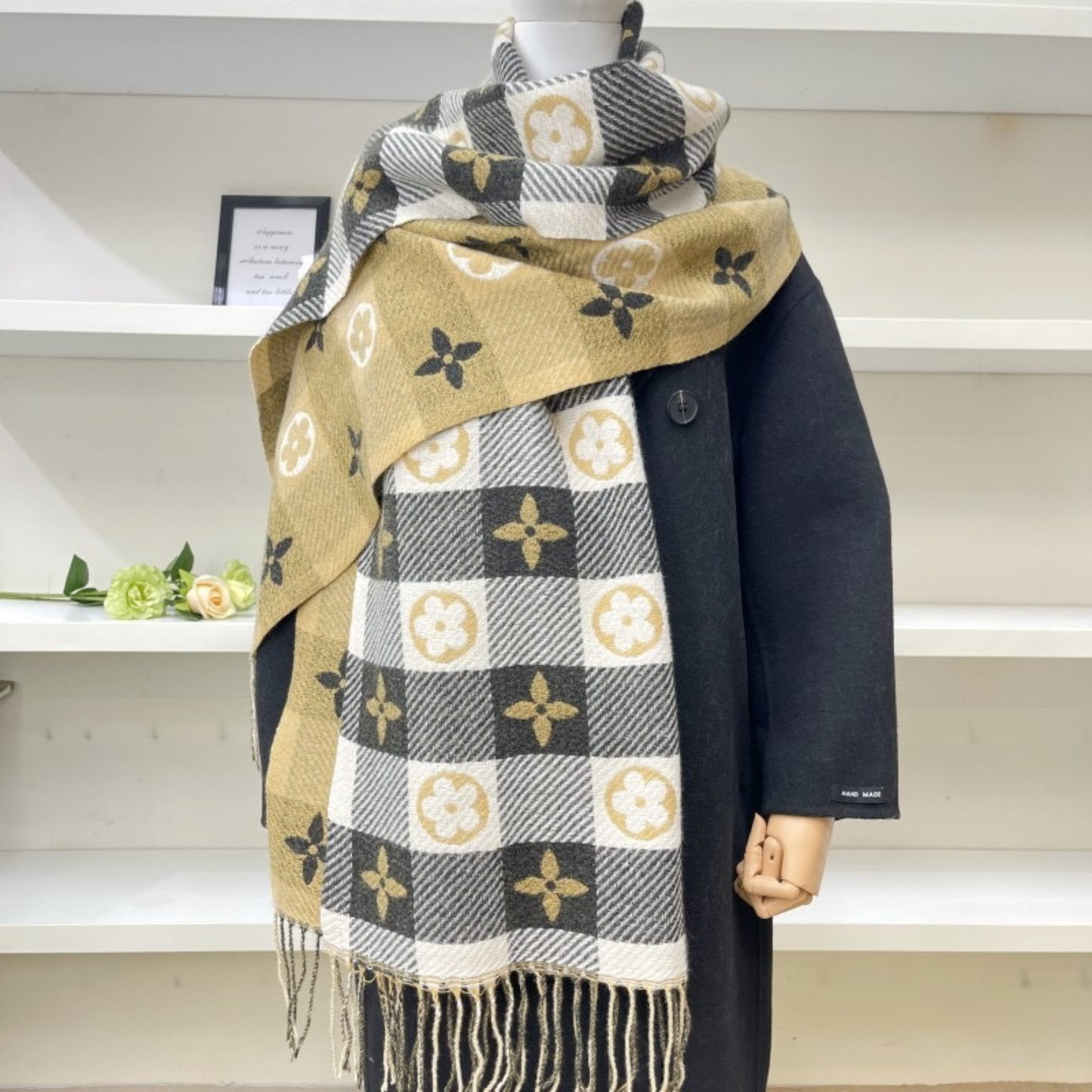 Women's Warm Plaid Scarf with Double-Sided Design and Tassels