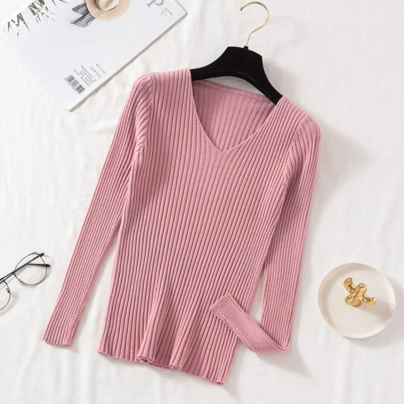 Street-Wave Ribbed V-Neck Pullover For Women Slim Fit Figure Flattering Knit Effortless Versatile Everyday Style