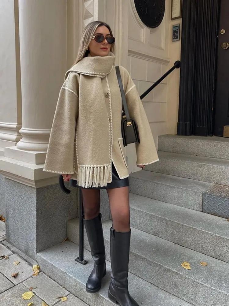 Street-wave Couture Jacket With Fringed Trim For Women Warm Winter Outerwear Chic