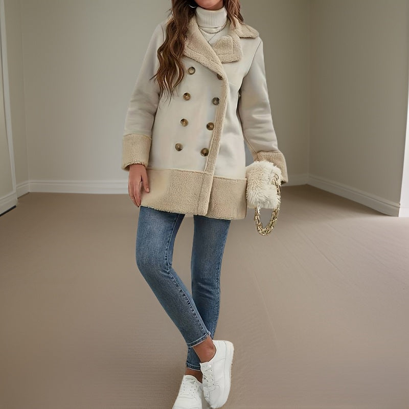Streetwave Double Breasted Shearling Coat With Plush Fleece Trim For Women Cozy Warmth