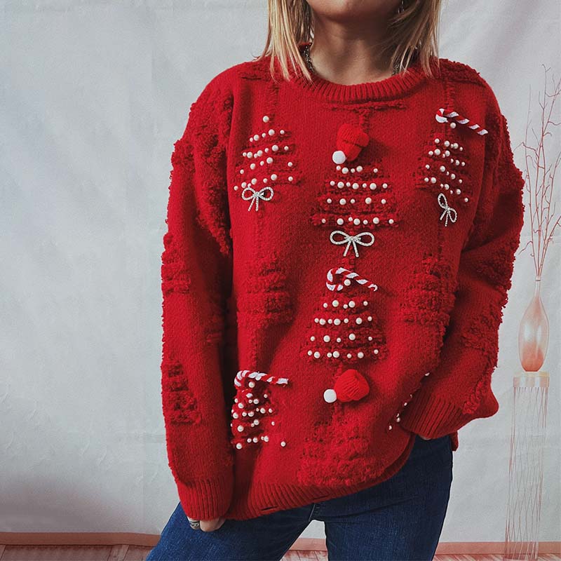 Street-Wave Christmas Sweater Cozy Knit With Festive Tree Motifs For Women Warm Holiday Gift Idea