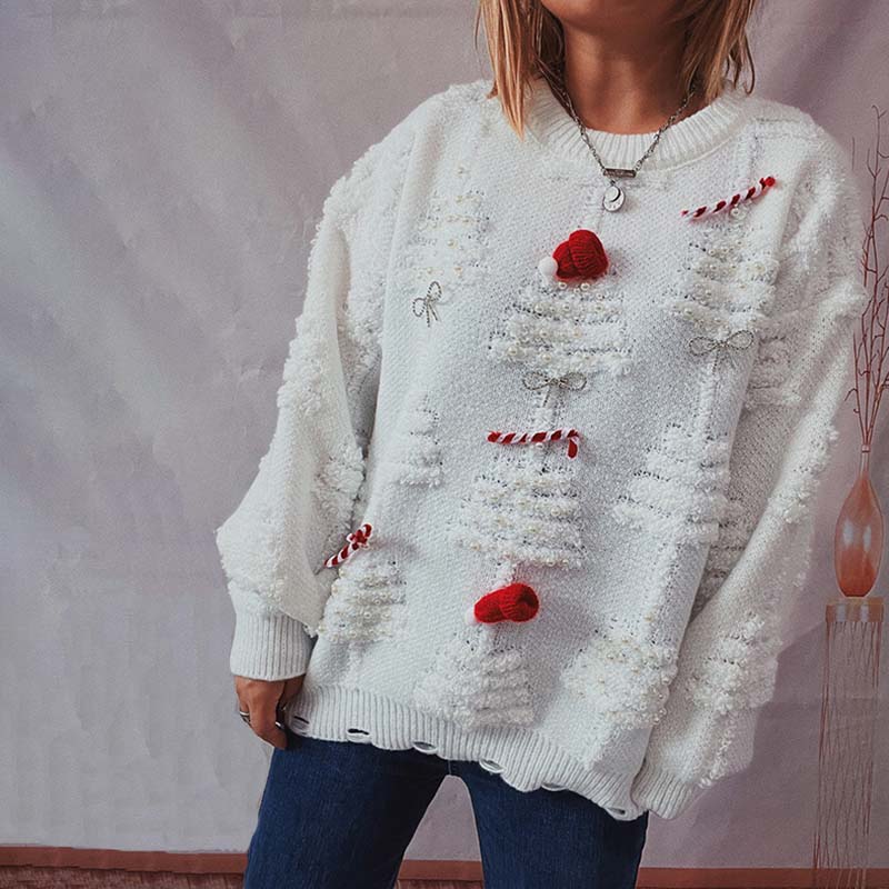 Street-Wave Christmas Sweater Cozy Knit With Festive Tree Motifs For Women Warm Holiday Gift Idea