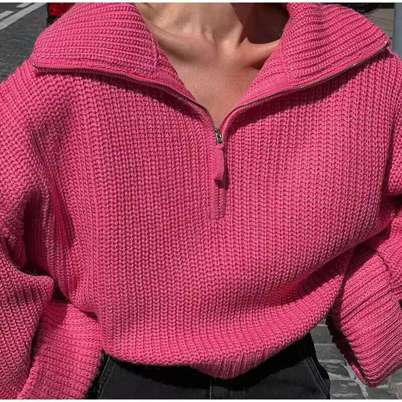 Street Wave Zip Rib Knit Pullover For Women Soft Warmth With Casual Elegance And Everyday Comfort