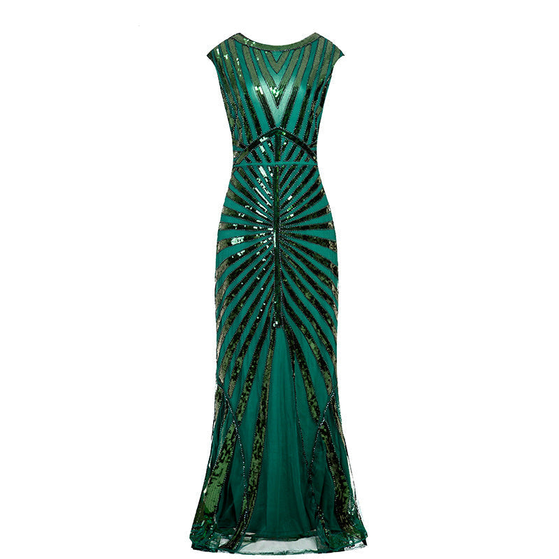 Street Wave Gatsby Dress Green Long Gown With Fringe And Black Sequins For Women Glamorous Vintage
