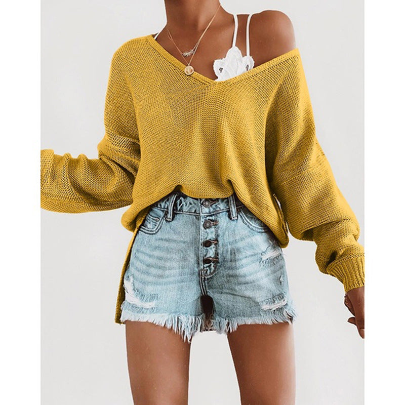 Street Wave Deep V Neck Sweater For Women Casual Relaxed Knit With Dropped Sleeves