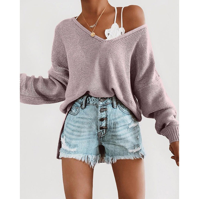 Street Wave Deep V Neck Sweater For Women Casual Relaxed Knit With Dropped Sleeves