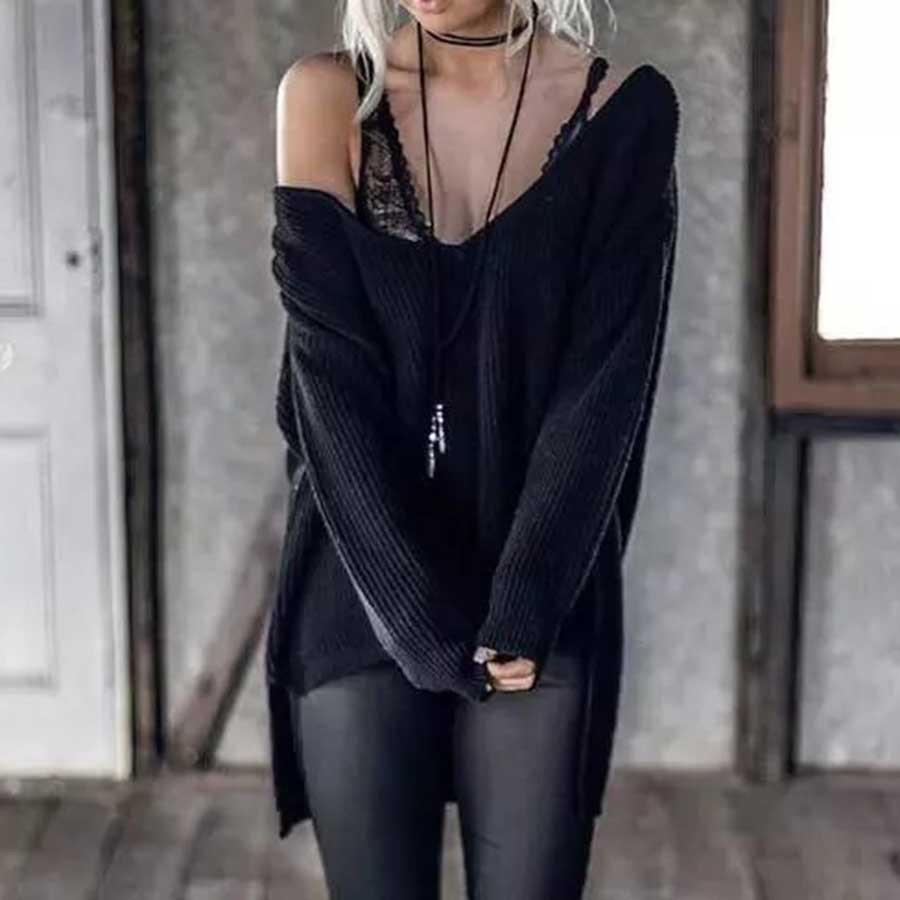Streetwave Women Chunky Knit Sweater With Deep V Neck And Wide Sleeves Cozy Style