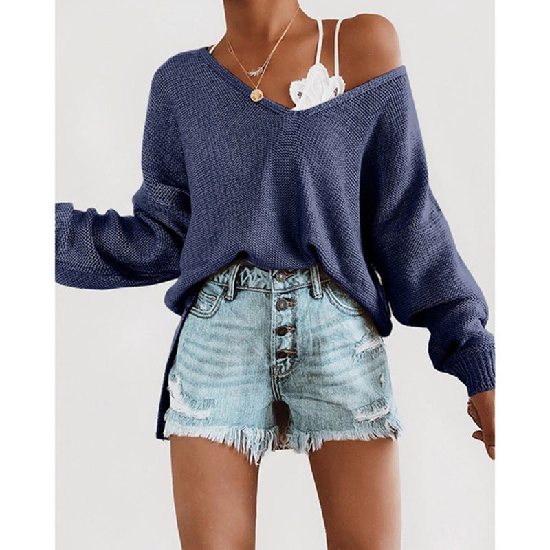 Street Wave Deep V Neck Sweater For Women Casual Relaxed Knit With Dropped Sleeves