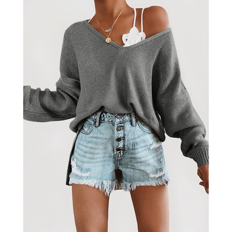 Street Wave Deep V Neck Sweater For Women Casual Relaxed Knit With Dropped Sleeves