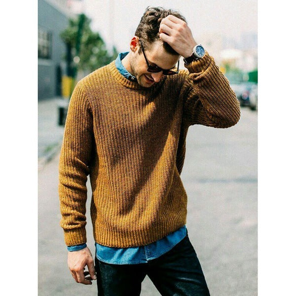 Street-Wave Men's Chunky Knit Crewneck Sweater - Casual Fit, Soft Yet Durable Warmth