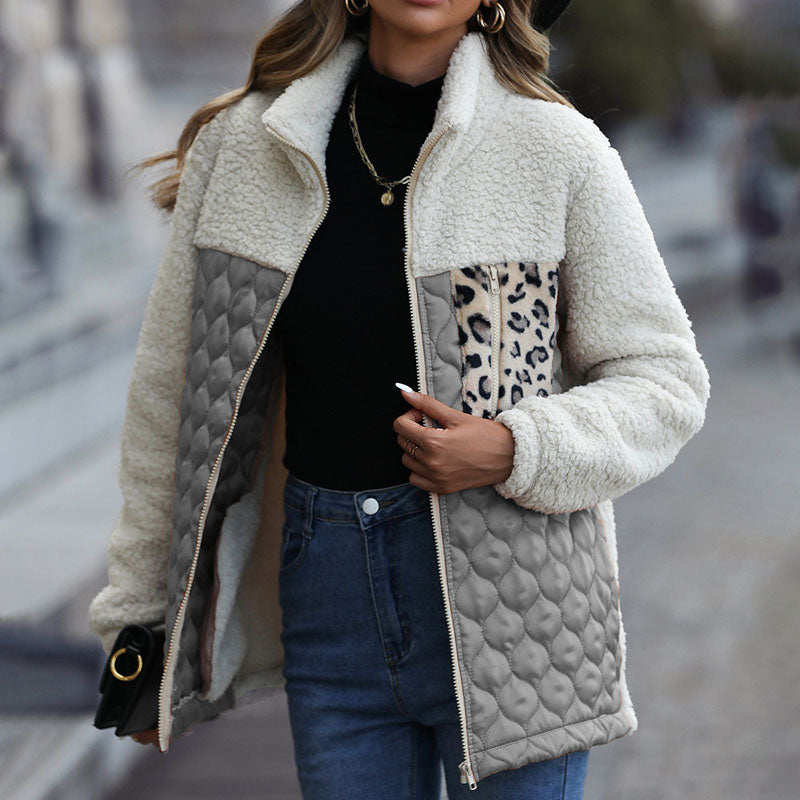 Street-wave Patchwork Plush Coat Leopard Pocket Warm Quilted Sherpa For Women Cozy All-Season Outerwear