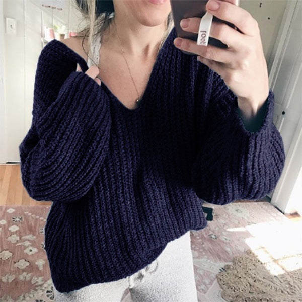 Street-Wave Women's Chunky Knit Pullover With Relaxed V-Neck And Wide Sleeves For Cozy Everyday Wear