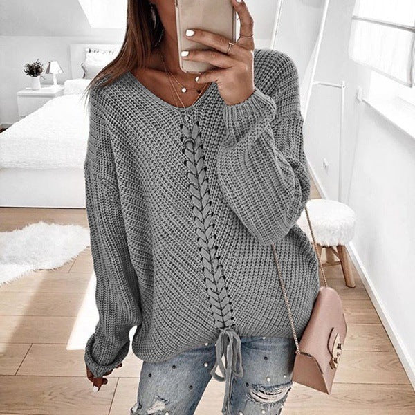 Street-Wave Women's Knit Sweater With Lace Up Detail Cozy Cotton Knit Pullover For Everyday