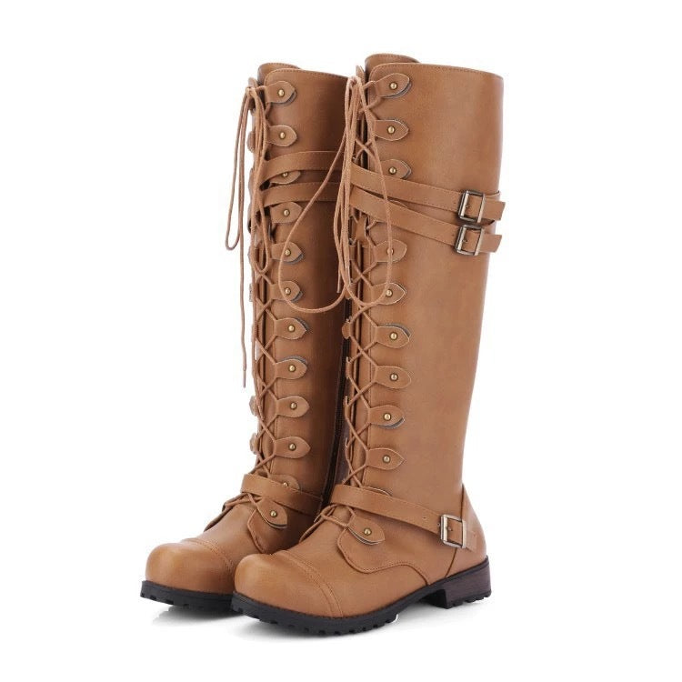 Street-wave Retro Lace Up Knee High Boots With Buckles For Women Vintage Style All Day Comfort
