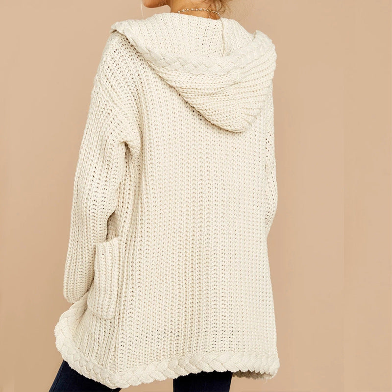 Street-wave Hooded Chunky Knit Cardigan For Women With Pockets For Cozy Warmth And Style