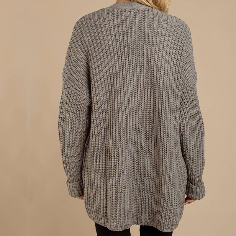 Street-Wave Womens Chunky Knit Cozy Cardigan With Deep V-Neck And Relaxed Fit For Winter Wear