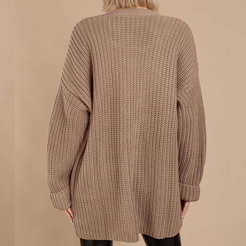 Street-Wave Womens Chunky Knit Cozy Cardigan With Deep V-Neck And Relaxed Fit For Winter Wear