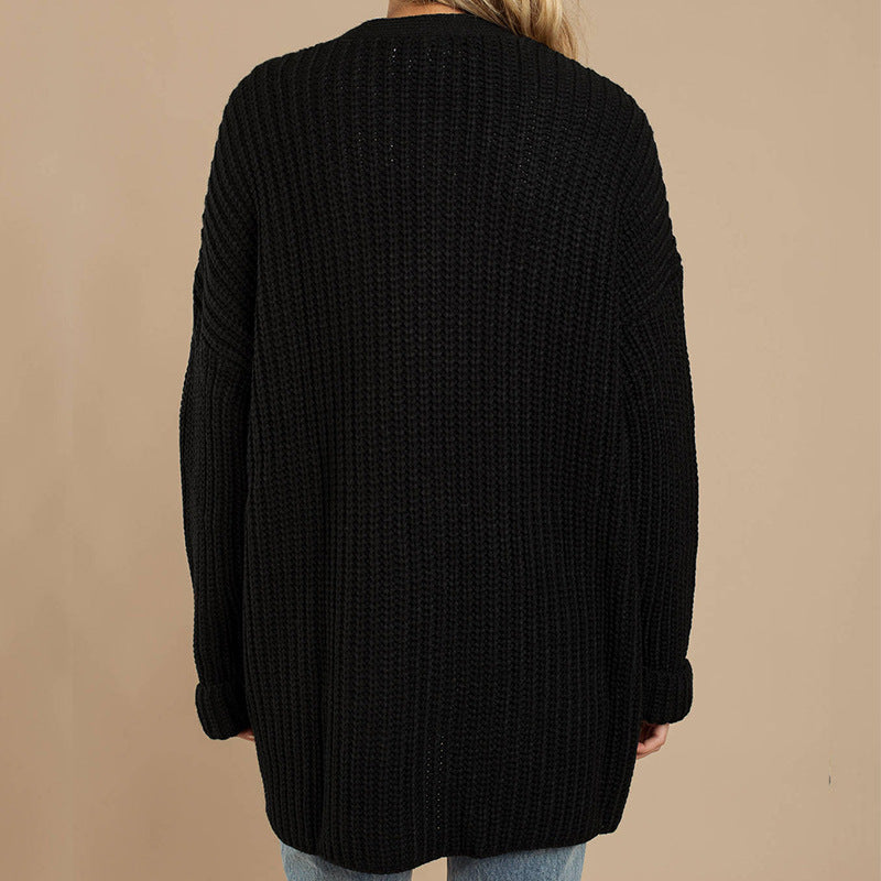Street-Wave Womens Chunky Knit Cozy Cardigan With Deep V-Neck And Relaxed Fit For Winter Wear