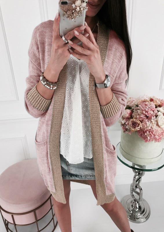 Street-wave Womens Long Sleeve Knit Cardigan With Elegant Contrast Details Soft Cotton Blend Cozy Fashion
