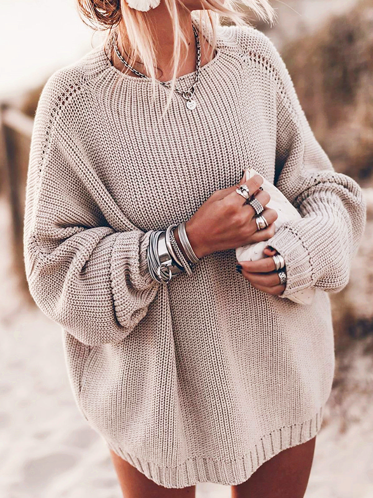 Street-wave Womens Oversized Knit Sweater With Airy Mesh Panels And Side Slits For Casual Wear