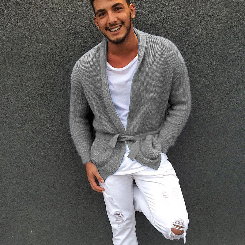 Street-wave Men's Knit Cardigan With Fashion Belt Casual Fit Soft Breathable Comfort