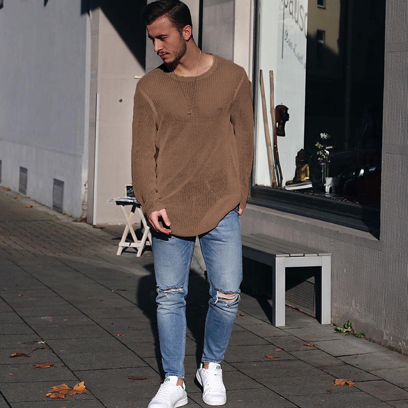 Street-wave Men's Long Knit Sweater With Structured Pattern For Casual Everyday Style