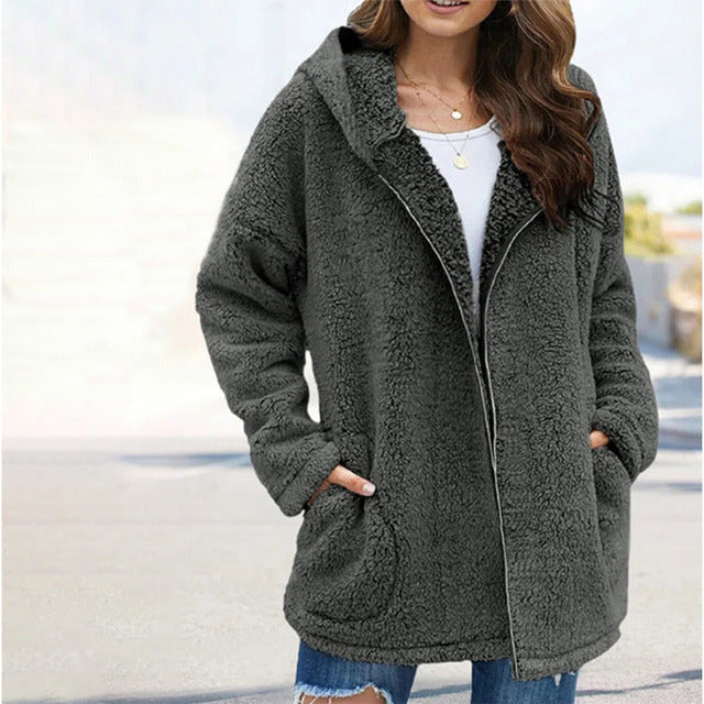 Street-Wave Cozy Hooded Coat With Pockets Cotton Cashmere Blend Warm For Women Winter