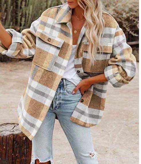 Street-Wave Oversized Plaid Shirt Jacket For Women Longline With Chest Pockets And Button Front Layering Essential
